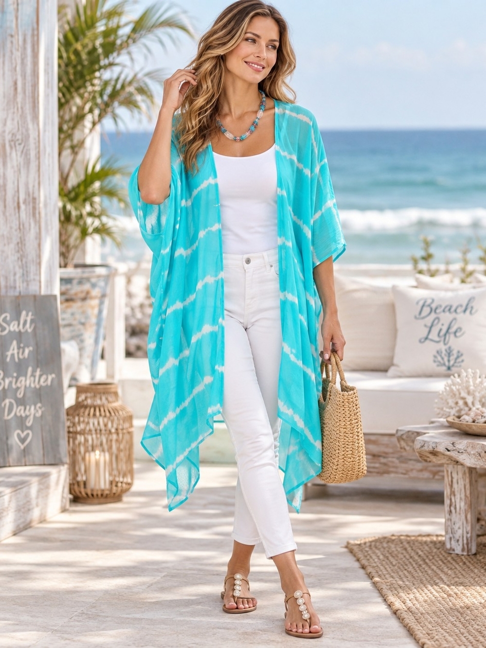 Turquoise Tie-Dye Open-Front Kimono Cardigan OS
